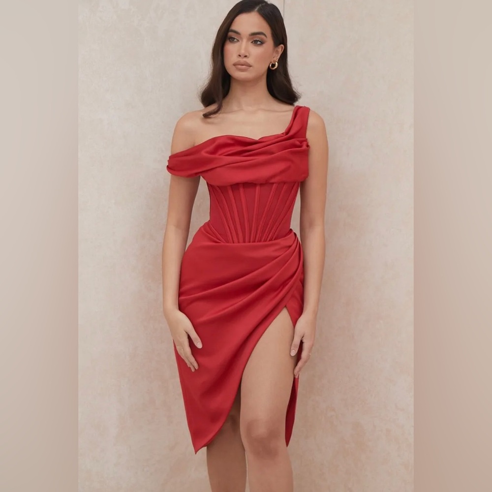 HOUSE OF CB 'Lulu' Red Asymmetric Drape Midi Corset Dress /Size S-US 4-6